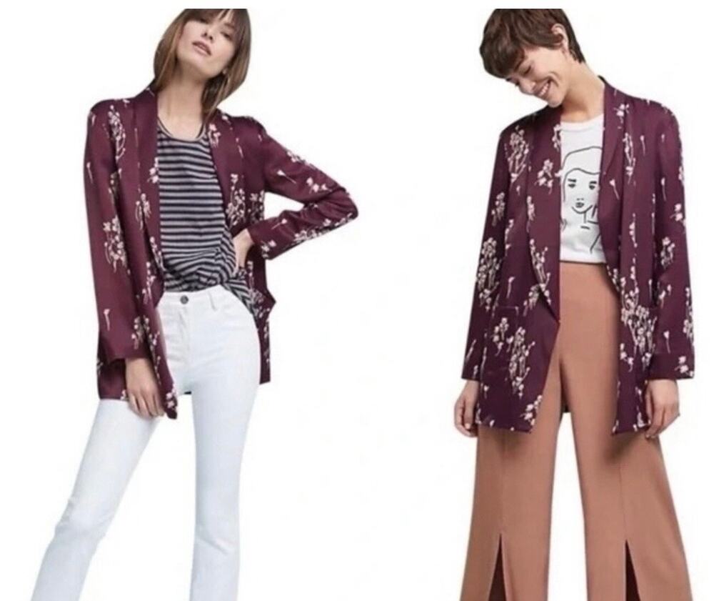 Anthropologie Boho Floral Satin Blazer Single Lapel  Burgundy women’s XS